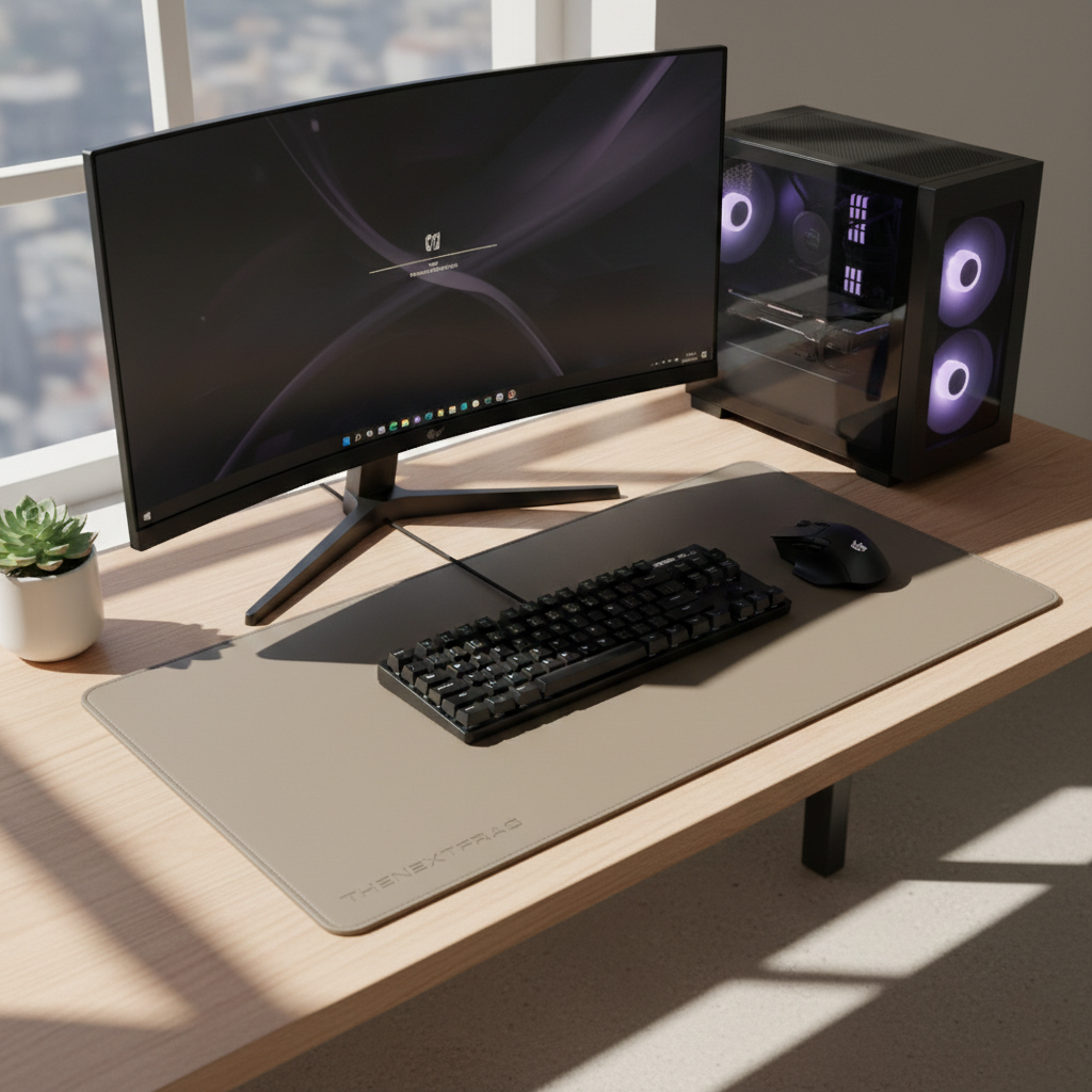 Modern computer setup with monitor, keyboard, mouse, and RGB lighting on a desk.