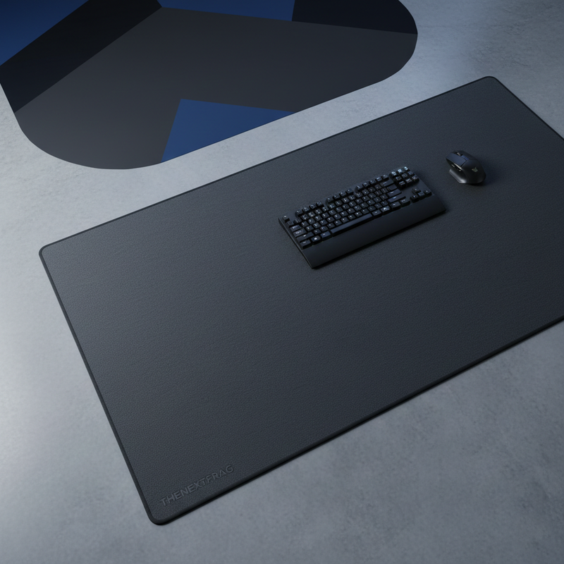 Black TheNextFrag desk mat with keyboard and mouse on a dark surface