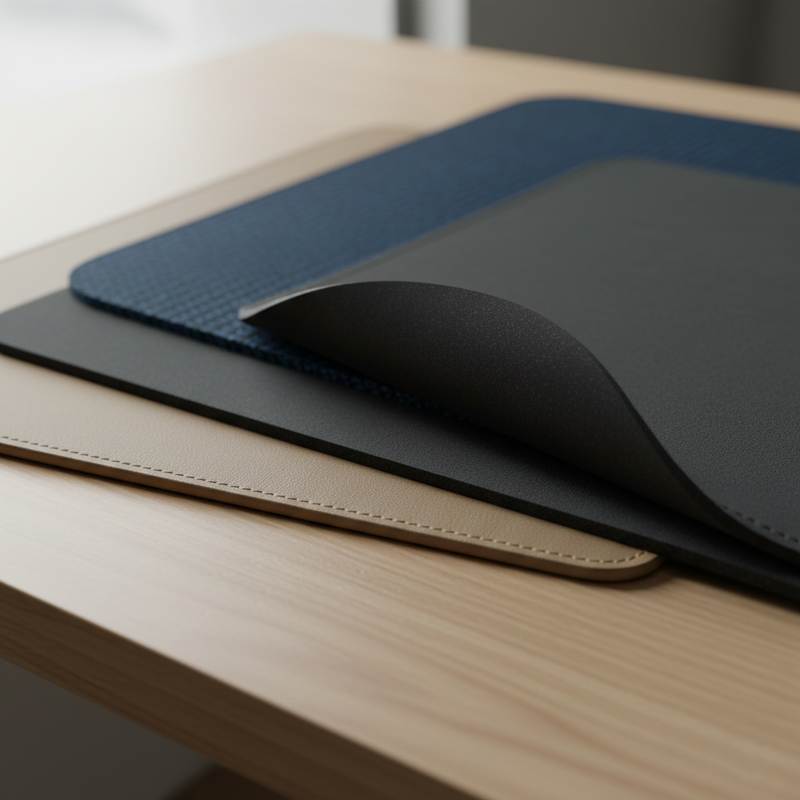 Set of mouse pads in black, blue, and brown on a wooden surface