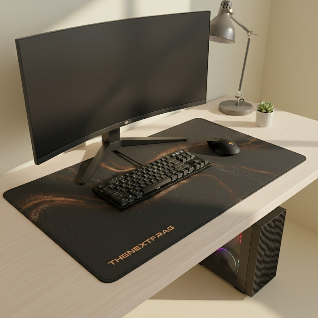 Premium TheNextFrag desk mat on a minimalist gaming setup